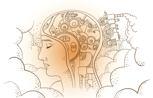 Illustrazione di testa umana stilizzata, con il cervello rappresentato come una macchina con gli ingranaggi