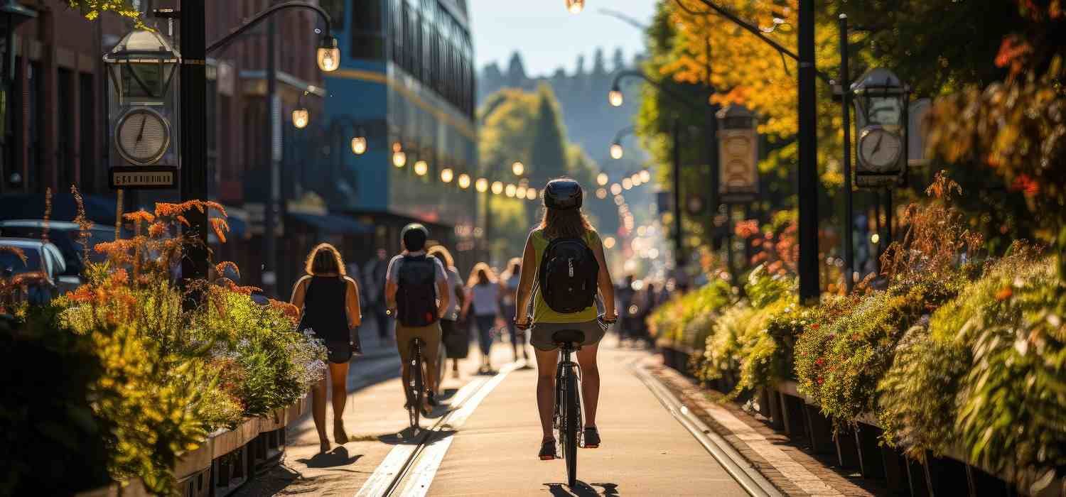 Foto di una ragazza in primo piano che pedala al centro di una strada pedonale. Sullo sfondo ci sono persone a piedi o in bici