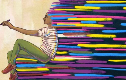 Illustrazione di una ragazza sorridente che, con il pennello, dipinge un muro usando colori diversi