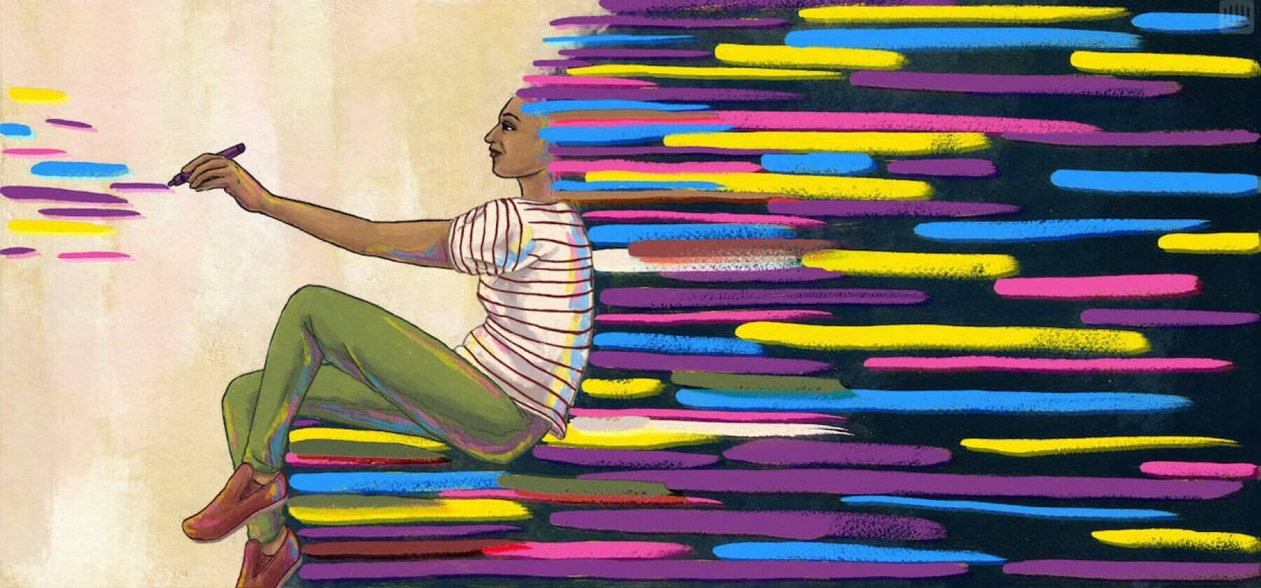 Illustrazione di una ragazza sorridente che, con il pennello, dipinge un muro usando colori diversi