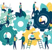 Illustrazione del concetto di business, con ingranaggi e persone