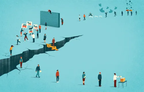 Illustrazione "Presente e futuro della democrazia". Persone stilizzate che si muovono nello spazio verso la sede elettorale