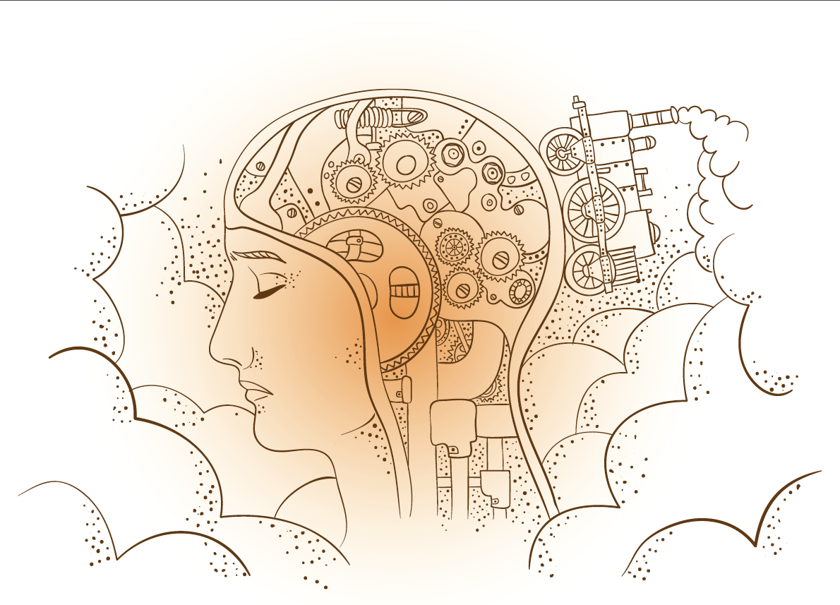 Illustrazione di testa umana stilizzata, con il cervello rappresentato come una macchina con gli ingranaggi