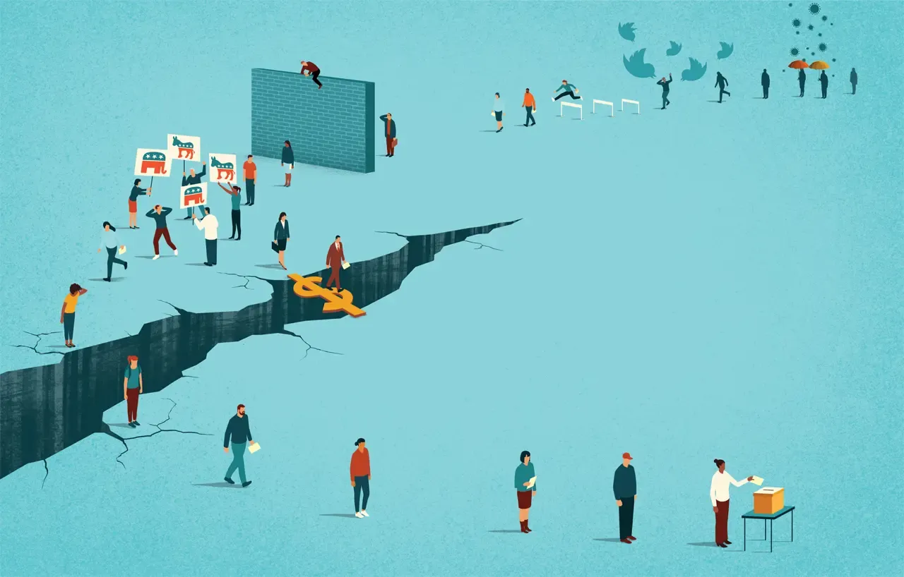 Illustrazione "Presente e futuro della democrazia". Persone stilizzate che si muovono nello spazio verso la sede elettorale