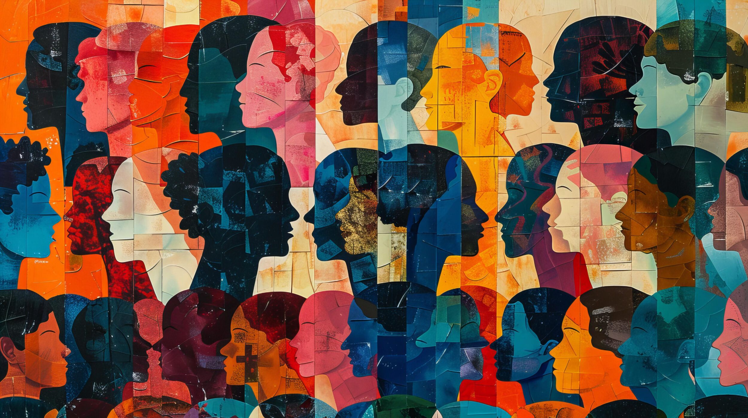 Immagine di silhouette di volti con colori diversi e messi insieme in stile collage