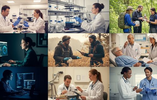 Nove immagini che rappresentano ognuna ricercatori al lavoro in diverse discipline